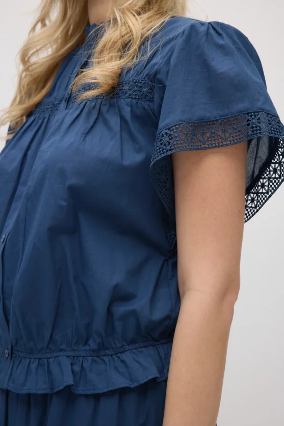 Lace-Detail Cotton Blouse - Navy Blue - Gusto