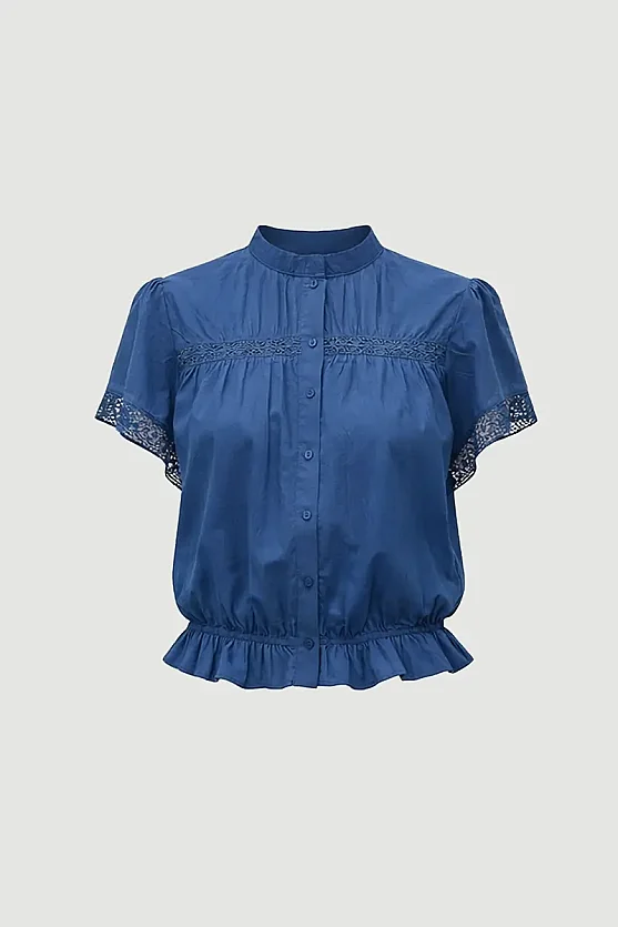 Lace-Detail Cotton Blouse - Navy Blue - Gusto