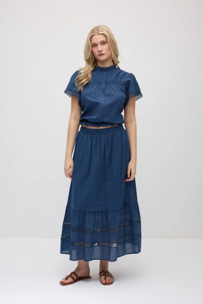 Lace-Detail Cotton Long Skirt - Navy Blue Navy Blue