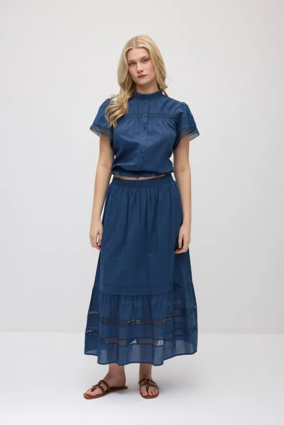 Lace-Detail Cotton Long Skirt - Navy Blue - Gusto