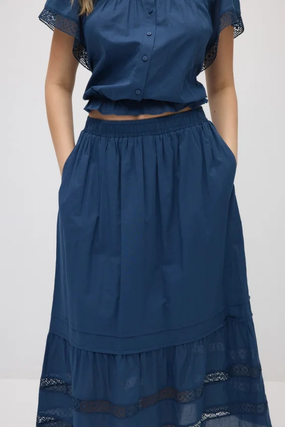Lace-Detail Cotton Long Skirt - Navy Blue - Gusto