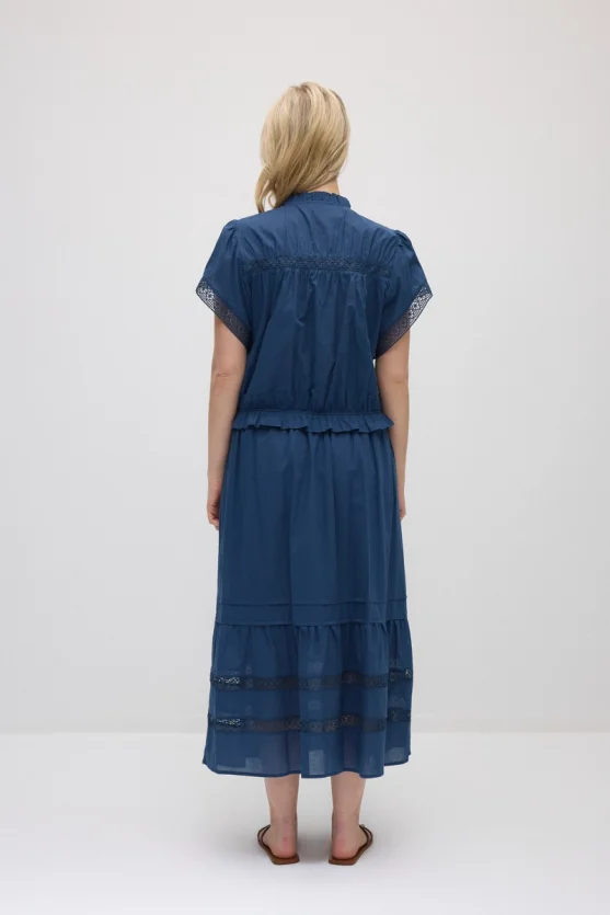 Lace-Detail Cotton Long Skirt - Navy Blue - 4