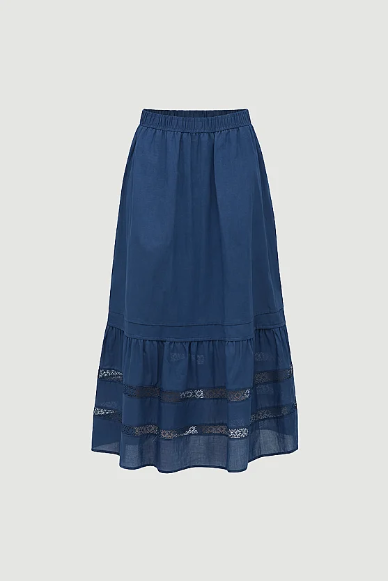 Lace-Detail Cotton Long Skirt - Navy Blue - Gusto