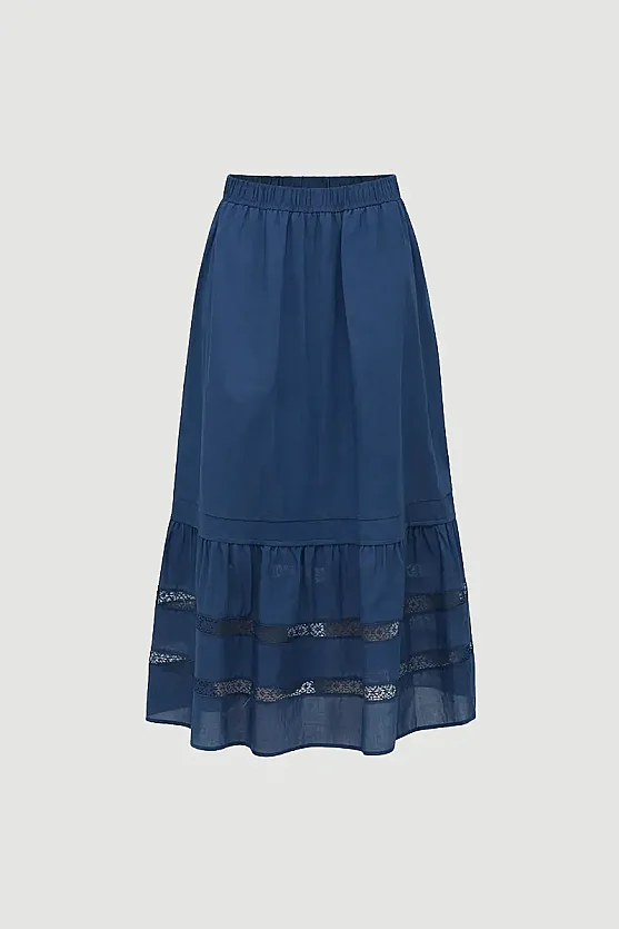 Lace-Detail Cotton Long Skirt - Navy Blue - Gusto