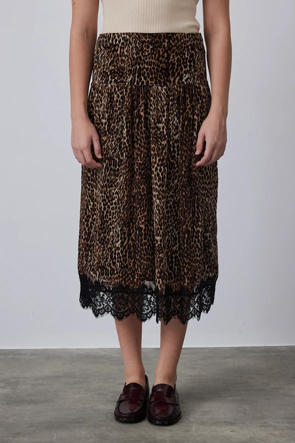 Lace Detailed Leopard Skirt - Brown - 2