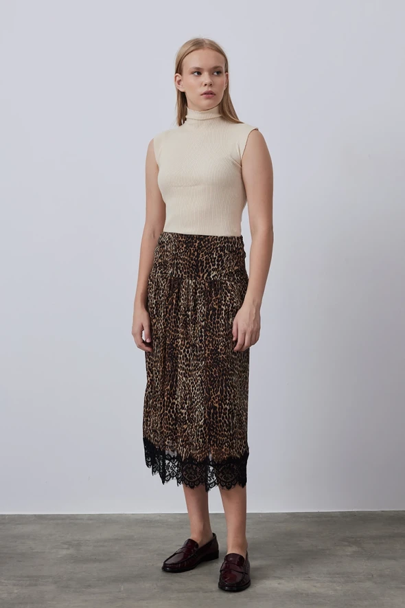 Lace Detailed Leopard Skirt - Brown - 3