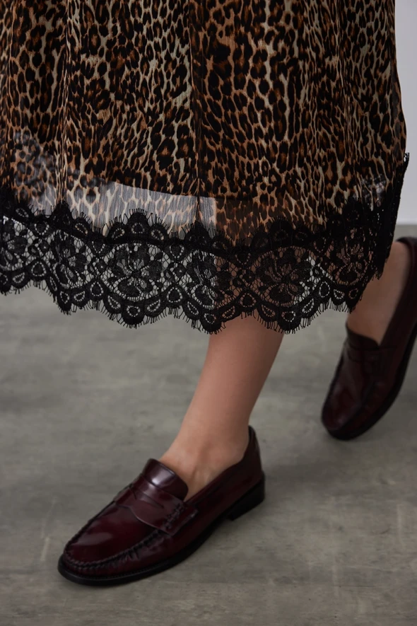 Lace Detailed Leopard Skirt - Brown - 4