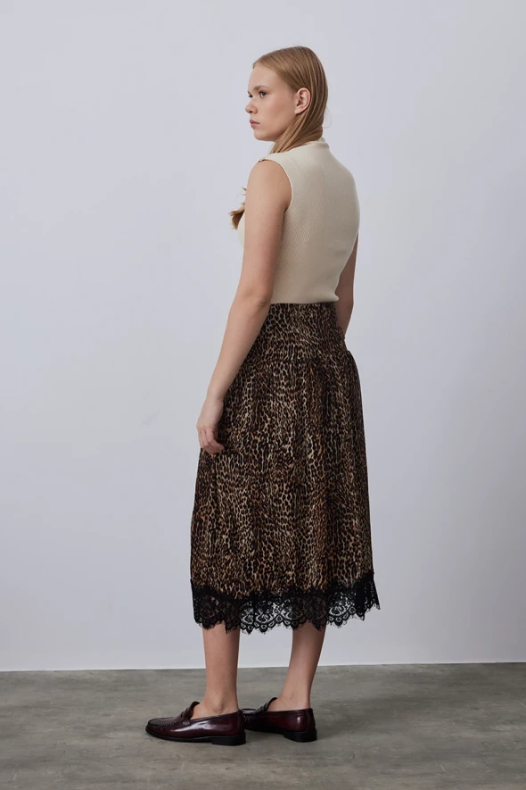 Lace Detailed Leopard Skirt - Brown - 5