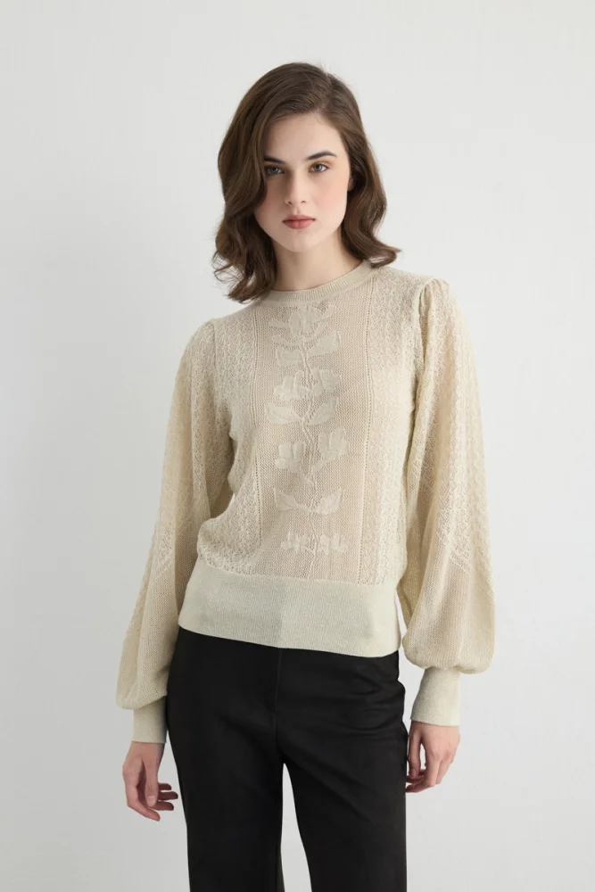 Lace Pattern Balloon Sleeve Knit Blouse - Beige Beige