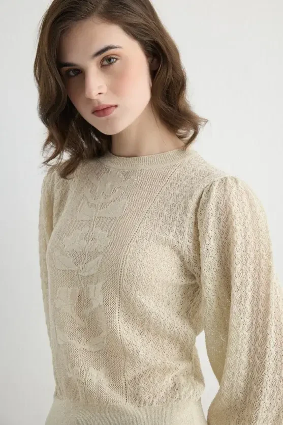 Lace Pattern Balloon Sleeve Knit Blouse - Beige - 3