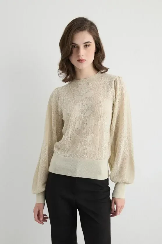 Lace Pattern Balloon Sleeve Knit Blouse - Beige - 1