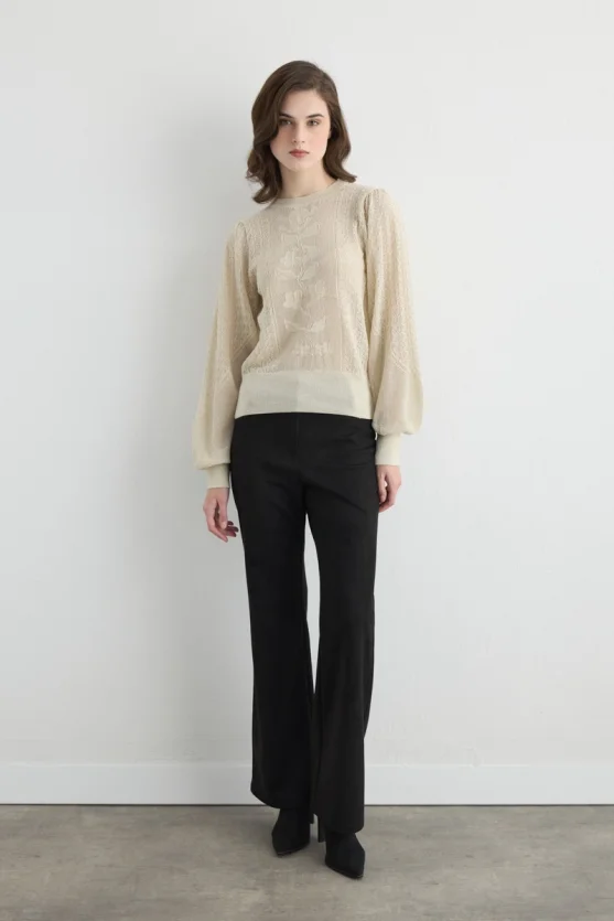 Lace Pattern Balloon Sleeve Knit Blouse Beige - Gusto