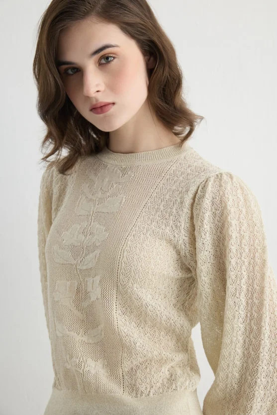 Lace Pattern Balloon Sleeve Knit Blouse Beige - 3
