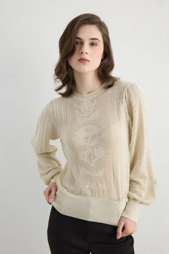 Lace Pattern Balloon Sleeve Knit Blouse Beige - 4