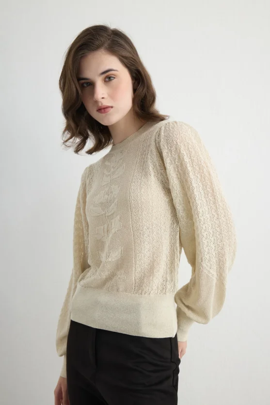 Lace Pattern Balloon Sleeve Knit Blouse Beige - 5