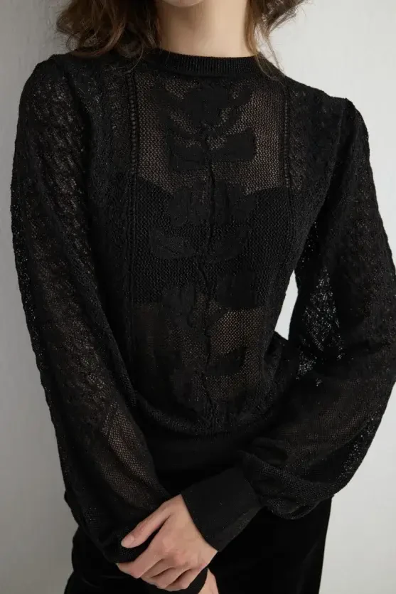 Lace Pattern Balloon Sleeve Knit Blouse - Black - 4