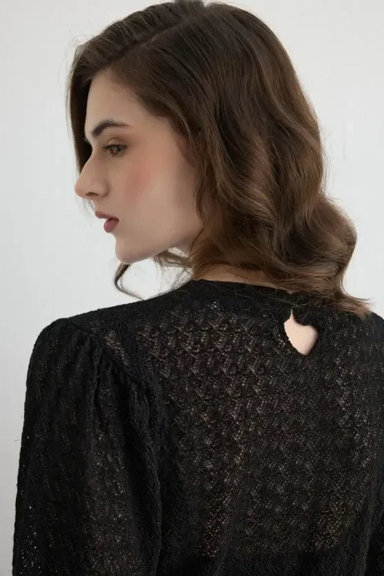 Lace Pattern Balloon Sleeve Knit Blouse - Black - 5