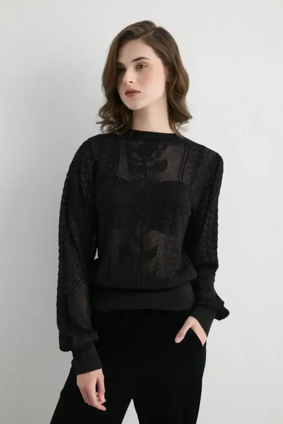 Lace Pattern Balloon Sleeve Knit Blouse - Black - 2