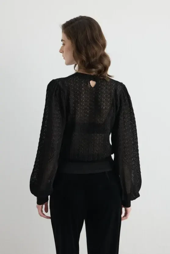 Lace Pattern Balloon Sleeve Knit Blouse - Black - 6