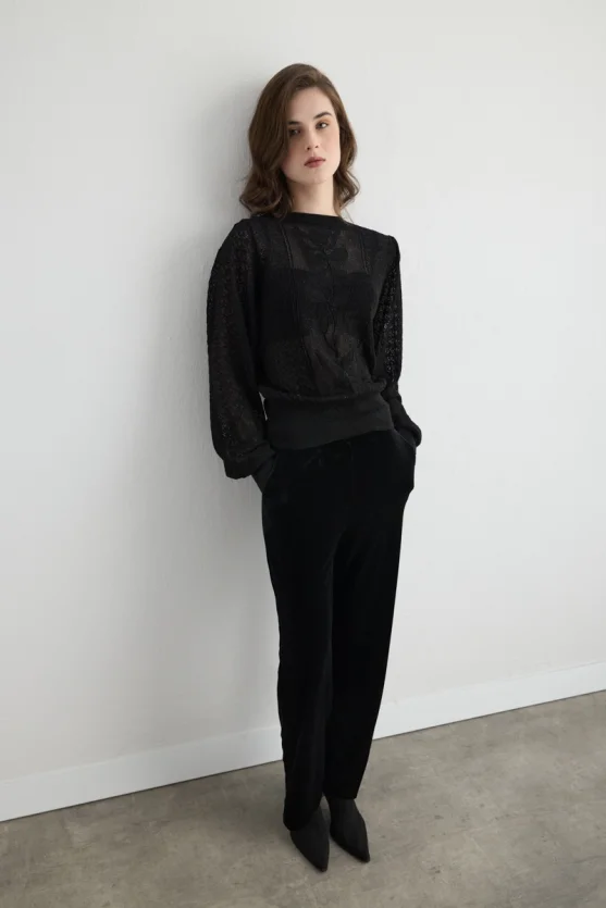 Lace Pattern Balloon Sleeve Knit Blouse Black - 7