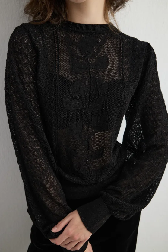 Lace Pattern Balloon Sleeve Knit Blouse Black - Gusto