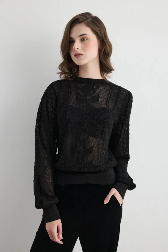 Lace Pattern Balloon Sleeve Knit Blouse Black - 2