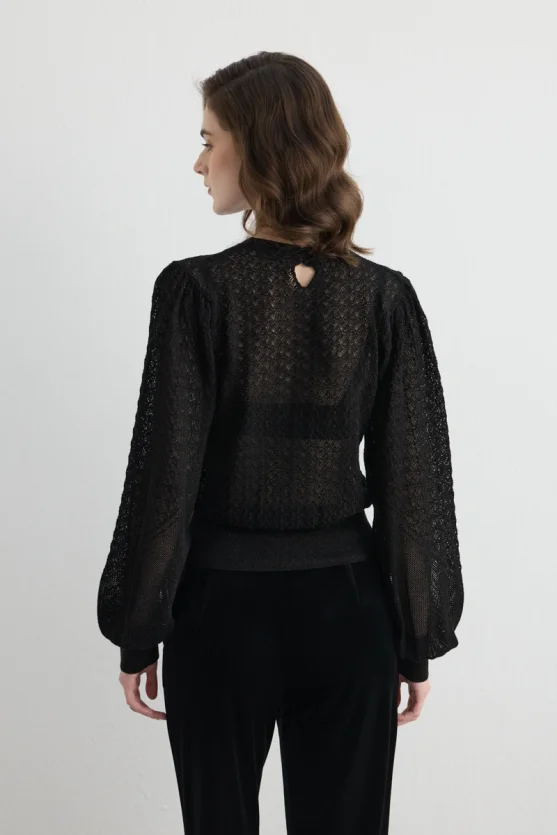 Lace Pattern Balloon Sleeve Knit Blouse Black - 6