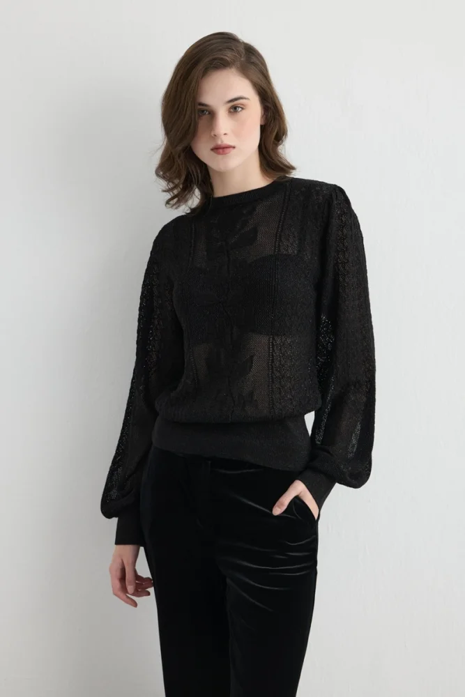Lace Pattern Balloon Sleeve Knit Blouse Black Black