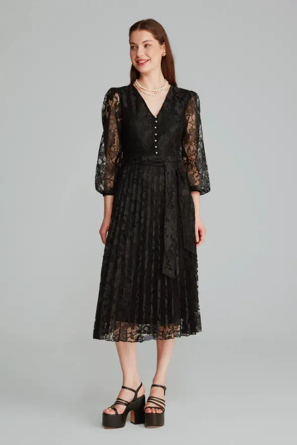 Lace Pleated Dress - Black - 3