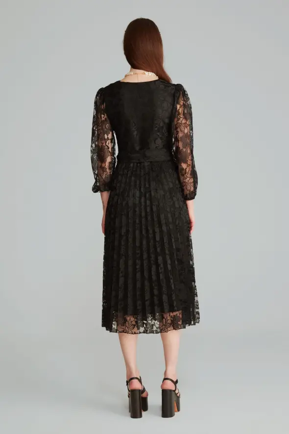 Lace Pleated Dress - Black - 6