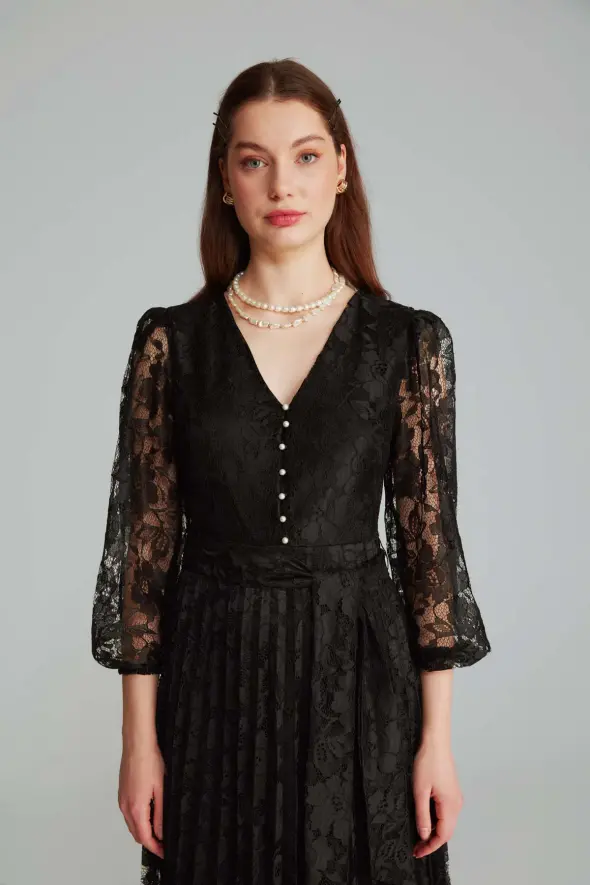 Lace Pleated Dress - Black - 4