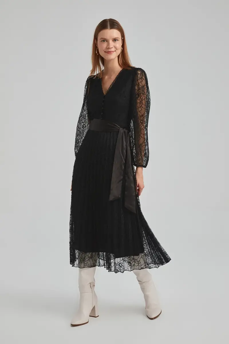 Lace Pleated Dress - Black - 1