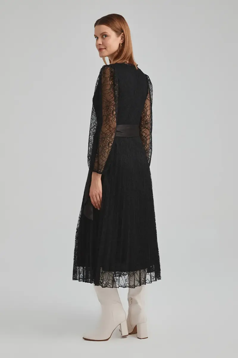 Lace Pleated Dress - Black - 5