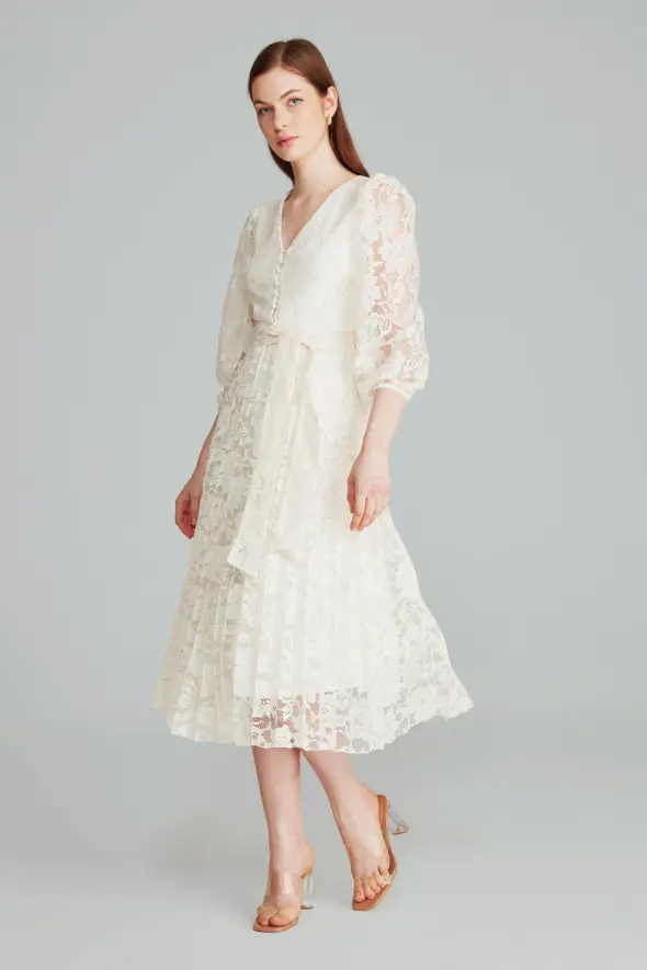 Lace Pleated Dress - Ecru - 2