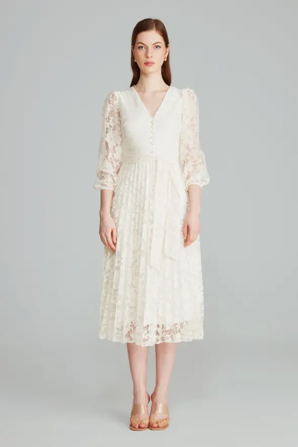 Lace Pleated Dress - Ecru - 1