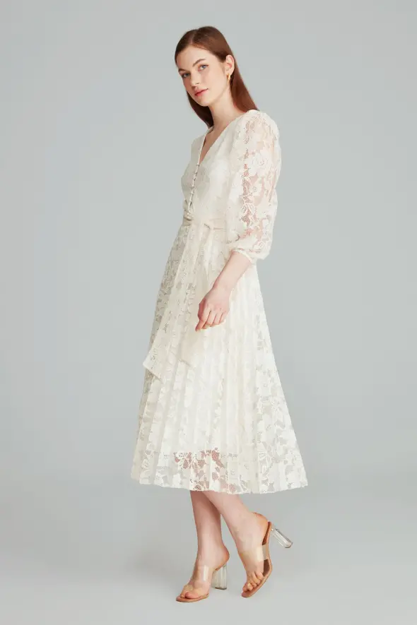 Lace Pleated Dress - Ecru - 3