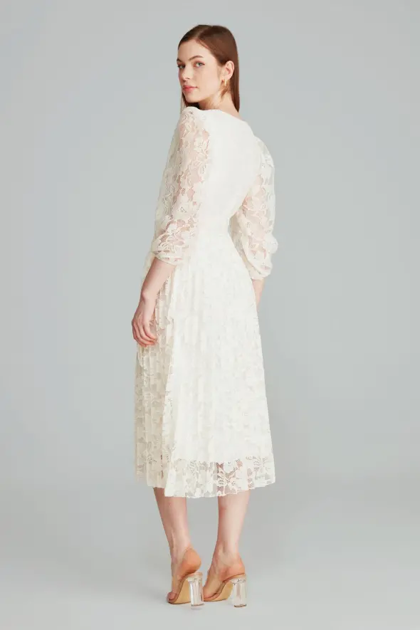 Lace Pleated Dress - Ecru - 8