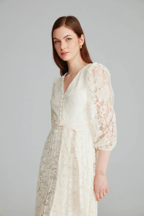 Lace Pleated Dress - Ecru - 5