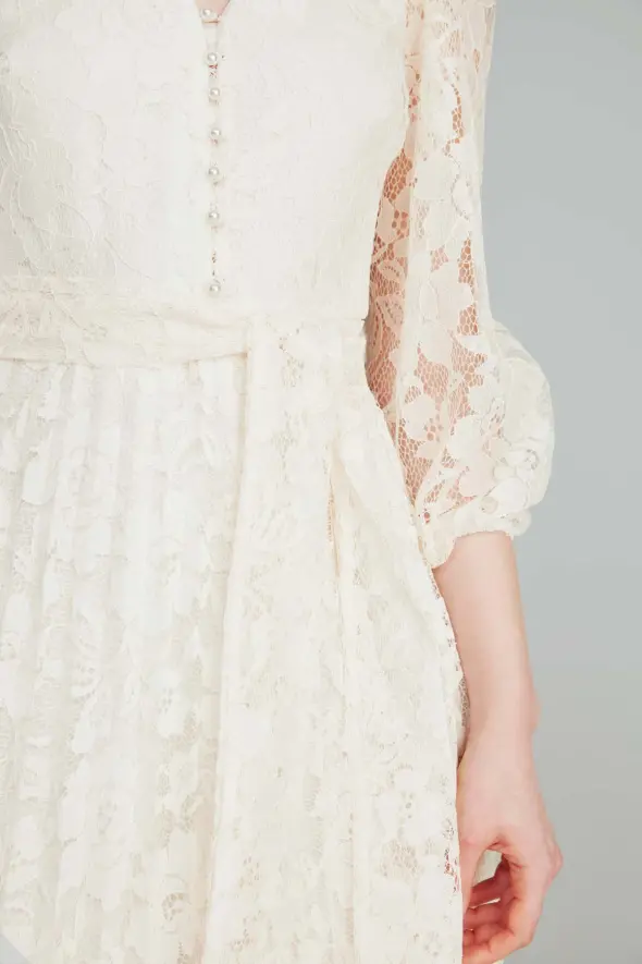Lace Pleated Dress - Ecru - 7