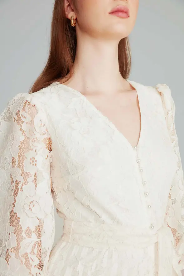 Lace Pleated Dress - Ecru - 6