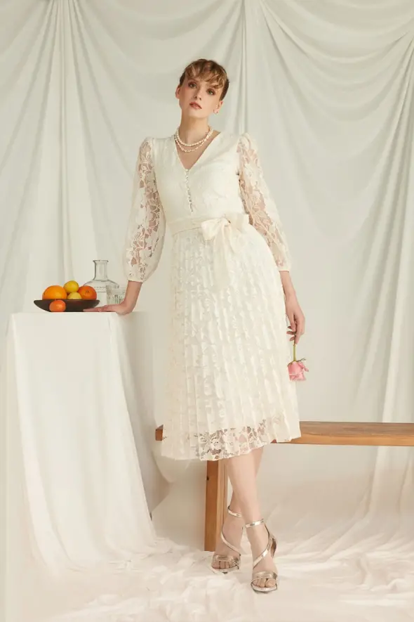 Lace Pleated Dress - Ecru - 4
