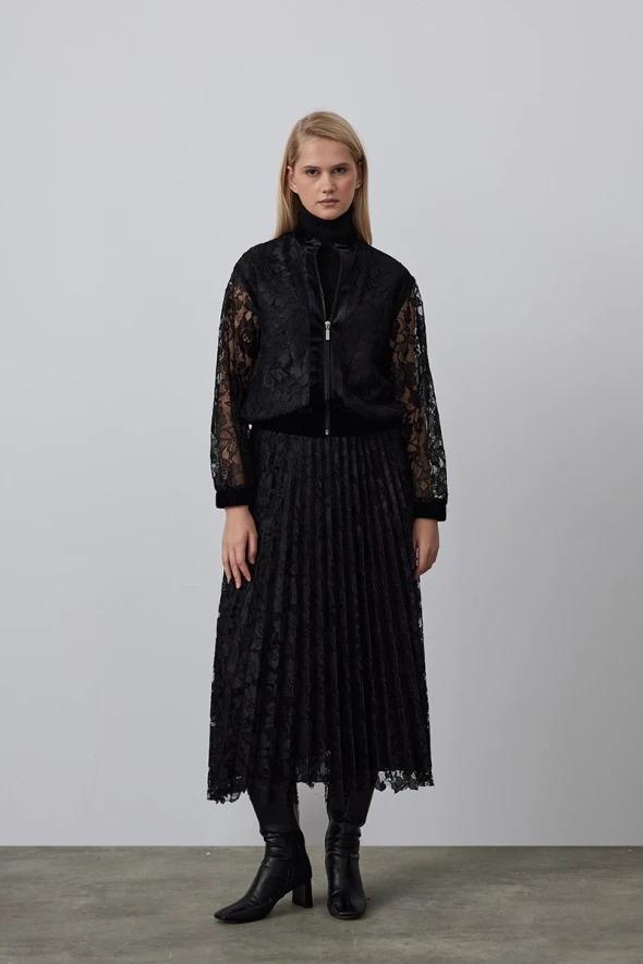 Lace Pleated Long Skirt - Black - 3