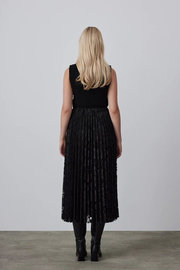 Lace Pleated Long Skirt - Black - 5