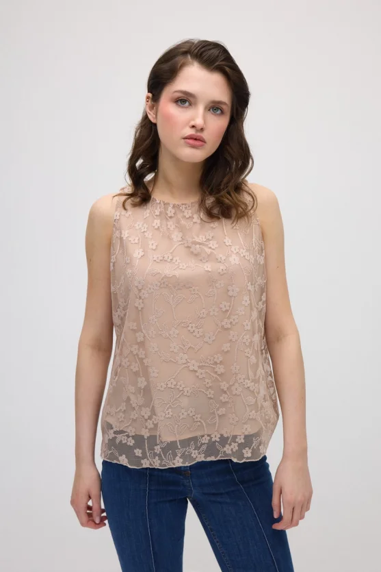 Lace Tank Blouse - Beige - 4