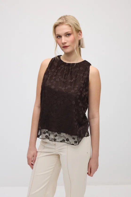 Lace Tank Blouse - Brown - Gusto