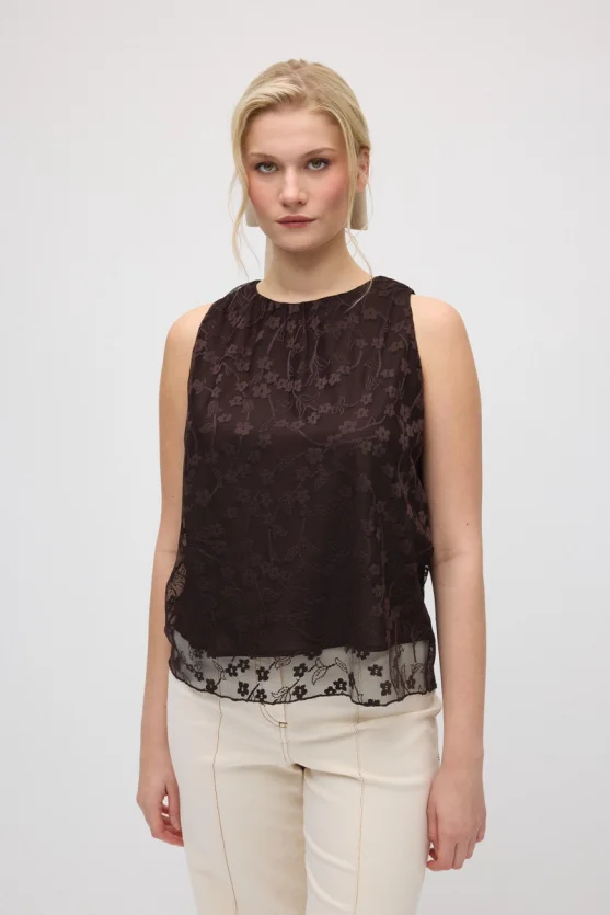 Lace Tank Blouse - Brown - 4