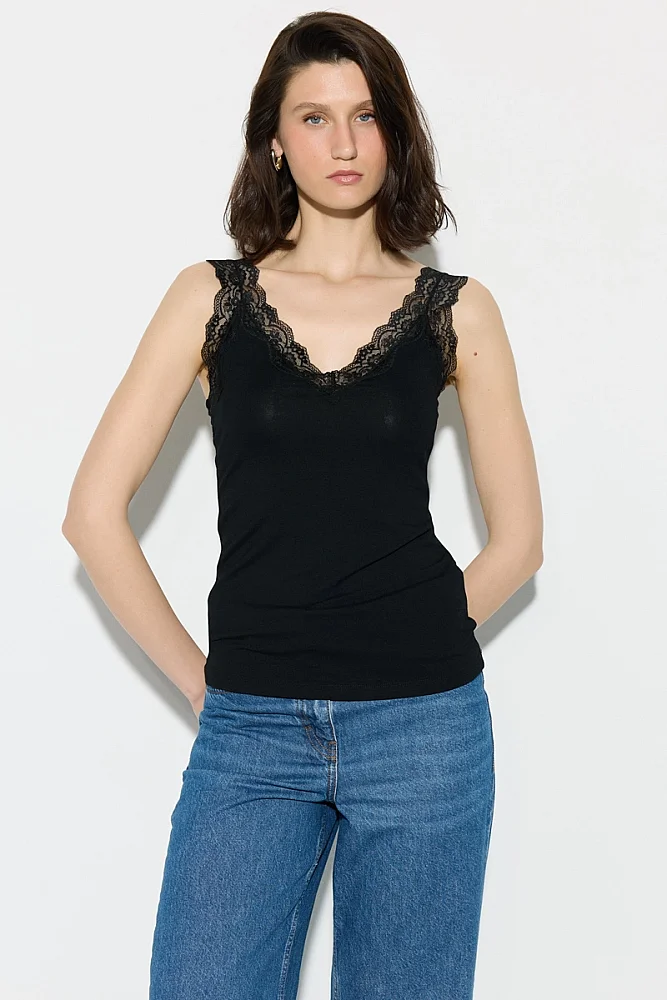 Lace Trim Viscose Tank Top - Black