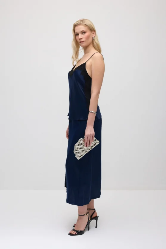Lace-Trimmed Long Satin Skirt - Navy Blue - 3