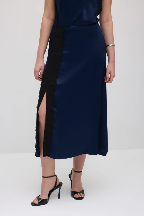 Lace-Trimmed Long Satin Skirt - Navy Blue - 4