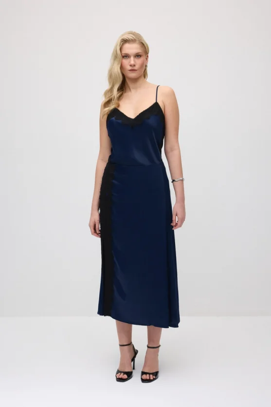 Lace-Trimmed Long Satin Skirt - Navy Blue - 6